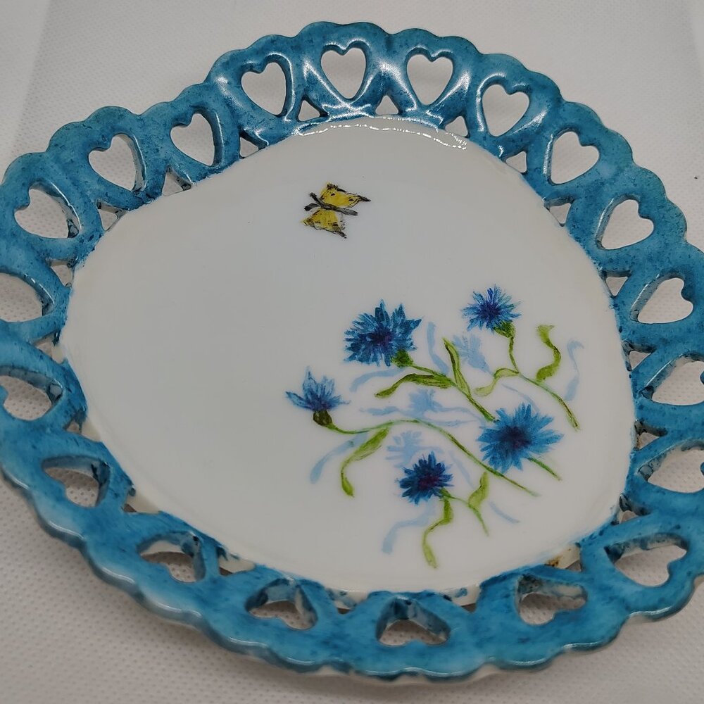 Heart Shaped Porcelain Trinket Dish White/Blue Flowers/Greenery